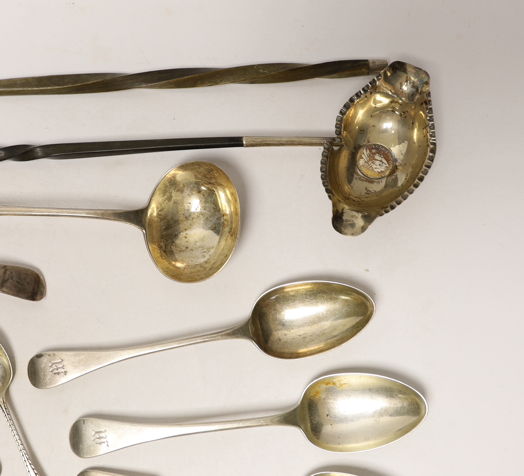 Two 19th century toddy ladles, including Scottish silver and a small quantity of assorted 19th century silver flatware, 15oz.